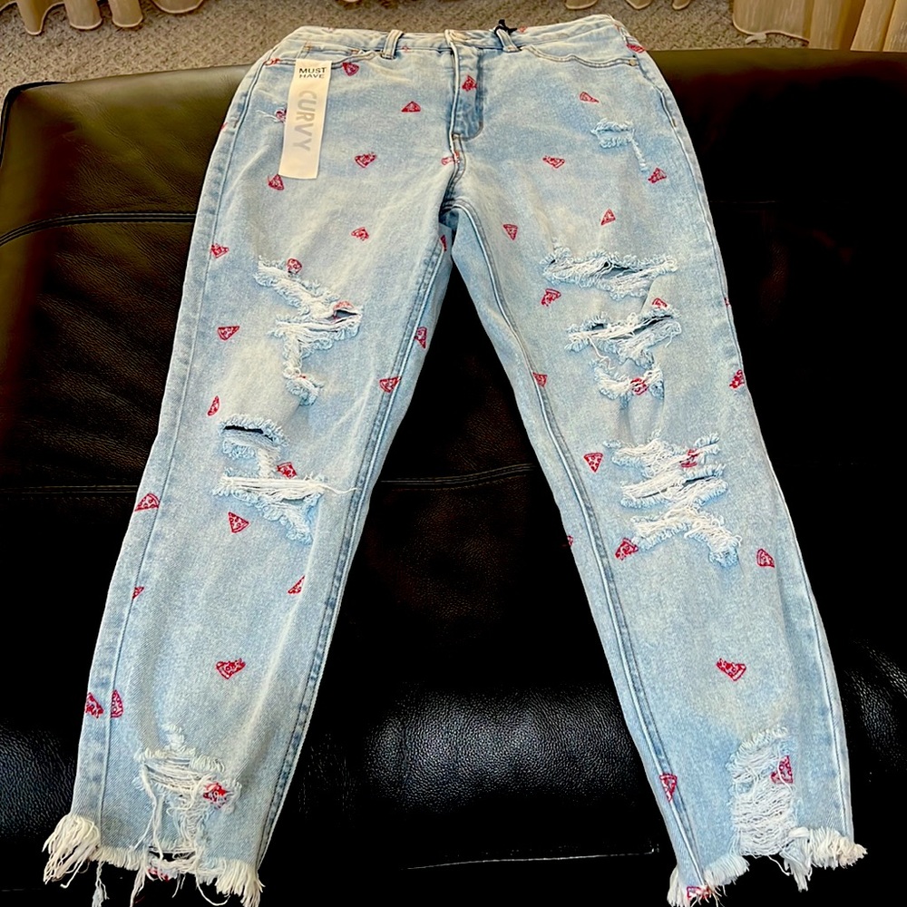 TINSELTOWN Light Blue HI-RISE THE MOM JEAN Pizza Embroidered Ankle 9/29 NEW